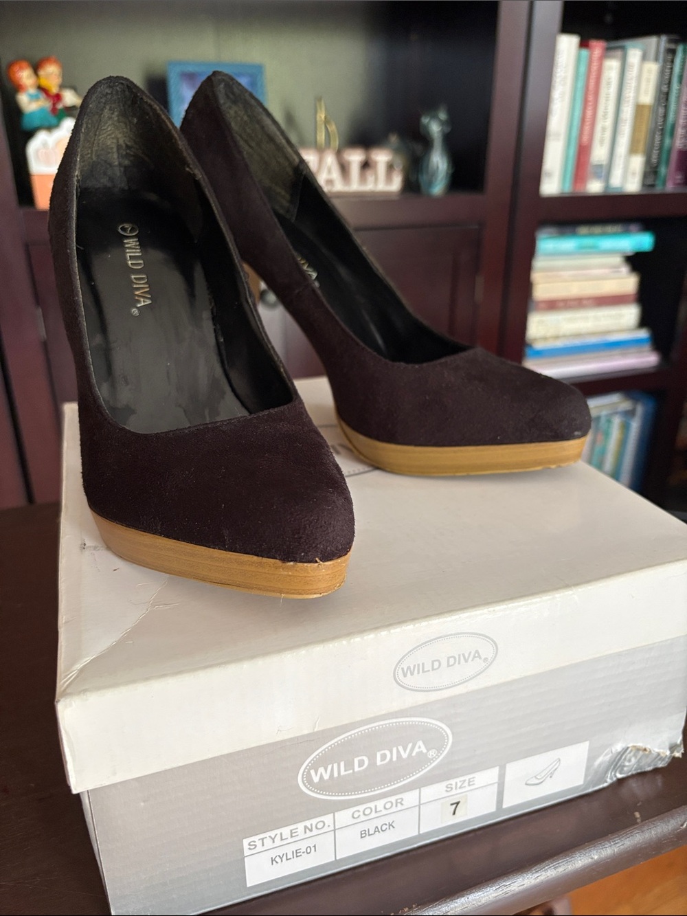 Wild Diva Black Suede Platform Pumps with Tan Platform